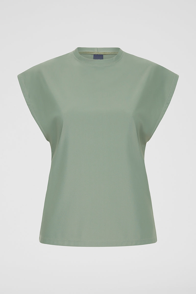 Ghost mannequin front view of khaki Sleeveless UPF50+ rash vest showing oversized design
