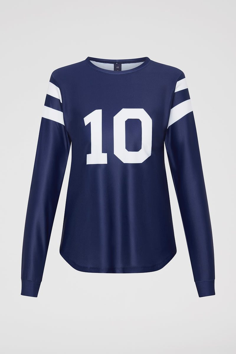 Front view of Perfect 10 UPF50+ rashguard in navy and white signature print