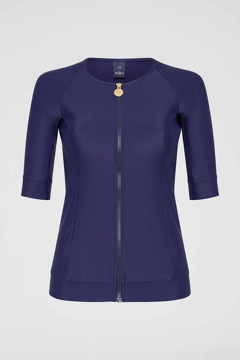 Front view of Navy Zip Short Sleeve UPF50+ rash vest displaying signature gold zip