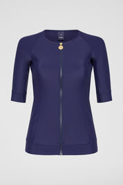 Front view of Navy Zip Short Sleeve UPF50+ rash vest displaying signature gold zip