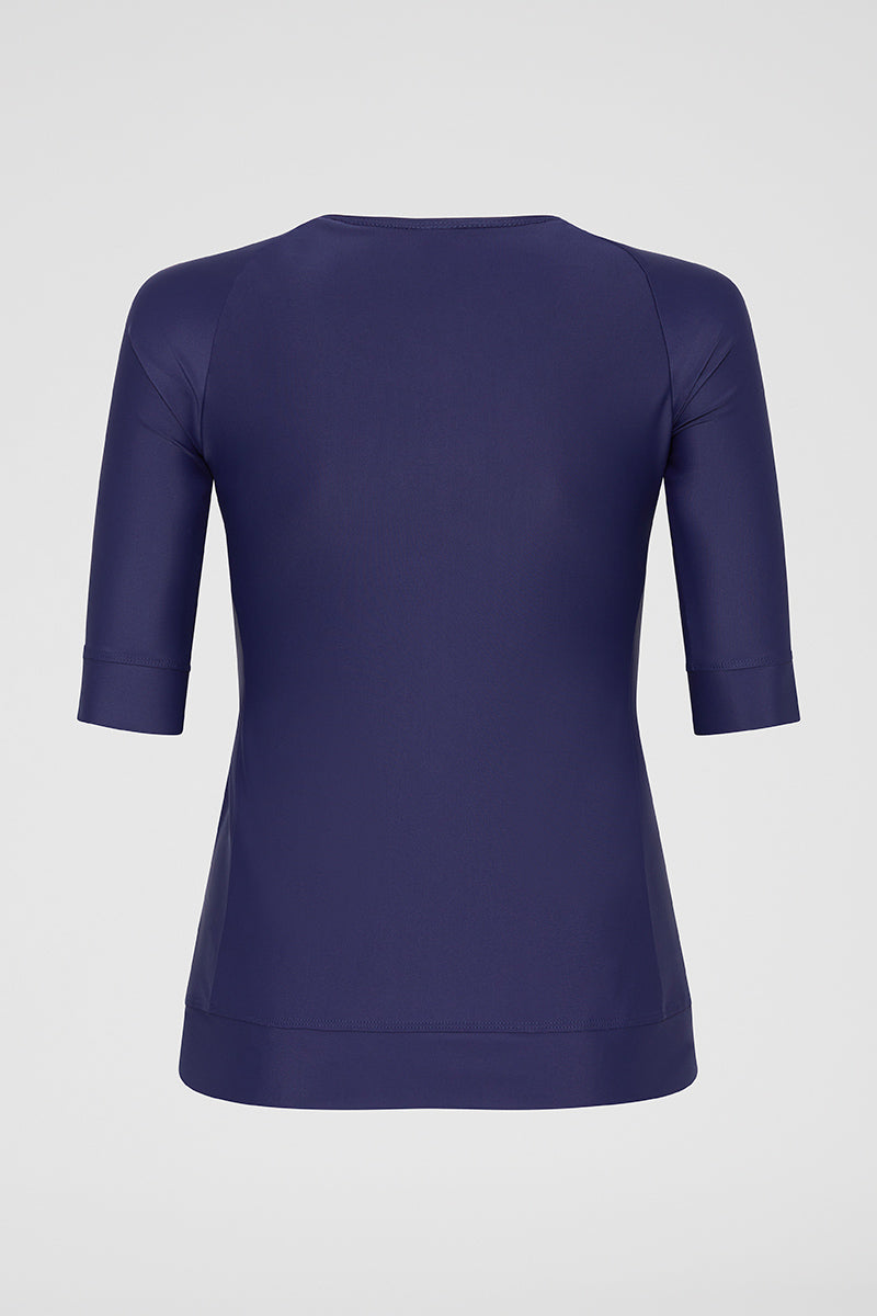 Back view of Navy Zip Short Sleeve UPF50+ rash vest displaying full coverage design
