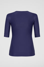 Back view of Navy Zip Short Sleeve UPF50+ rash vest displaying full coverage design
