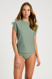 Front view of khaki Sleeveless UPF50+ rashguard providing stylish sun protection