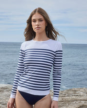 White nautical rashguard with navy stripes, front view