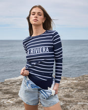 La Riviera rashguard casual styling UPF50+ navy striped swim tee with denim shorts