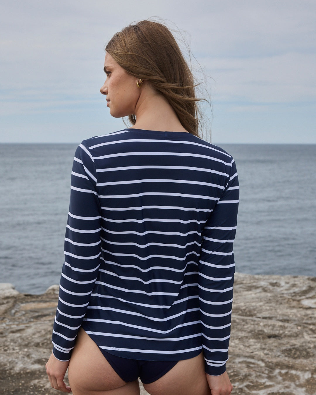 La Riviera rashies back view UPF50+ navy striped womens sun protection swimwear