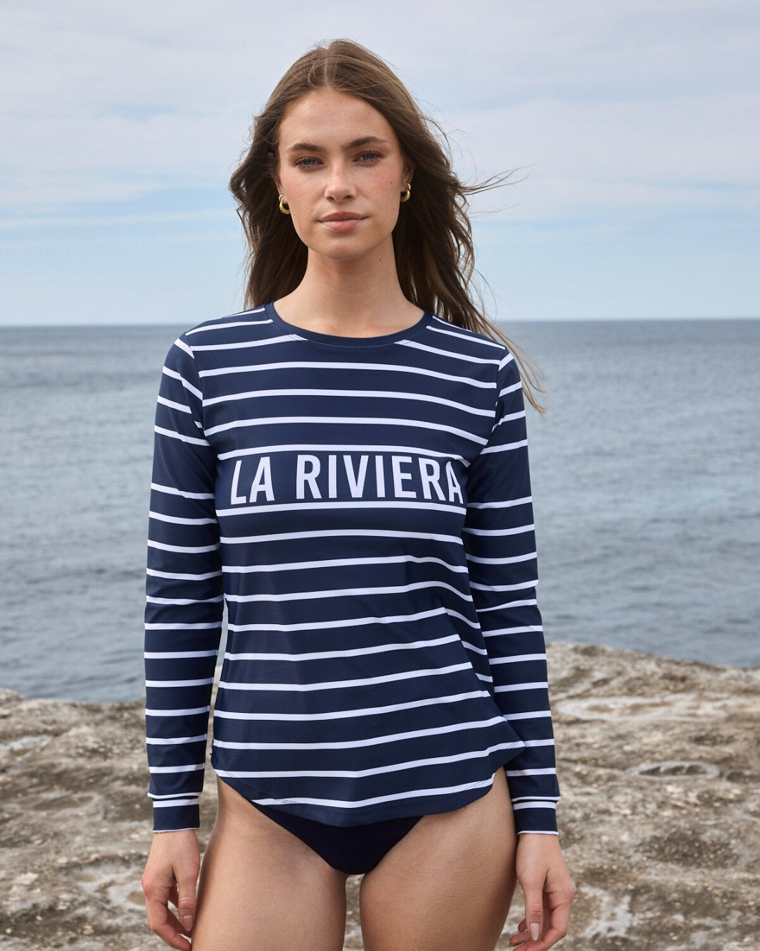La Riviera UPF50+ rash vest in navy white stripes - front view womens sun protection swimwear