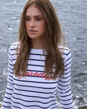 Paradiso UPF50+ rash vest close up striped womens sun protection swimwear