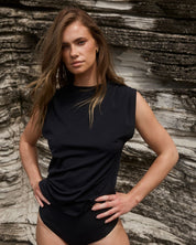 Black swim tank with comfortable design and versatile sun protection