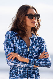 Zip Long Sleeve Rashguard - Indigo Tie Dye