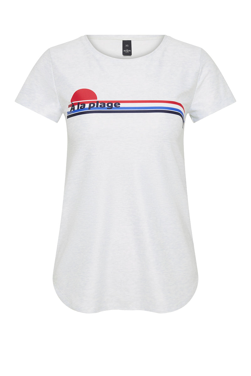 À La Plage grey marle rash guard flat lay showing retro print and UPF50+ fabric