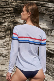 à la plage long sleeve rash guard in grey marle - back view showing stripe detail - UPF50+ Sydney-made