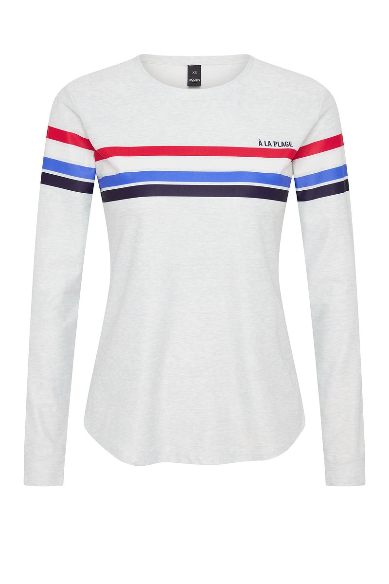 à la plage long sleeve rash guard in grey marle - flat lay product shot showing retro stripe placement print - UPF50+ women's rashie