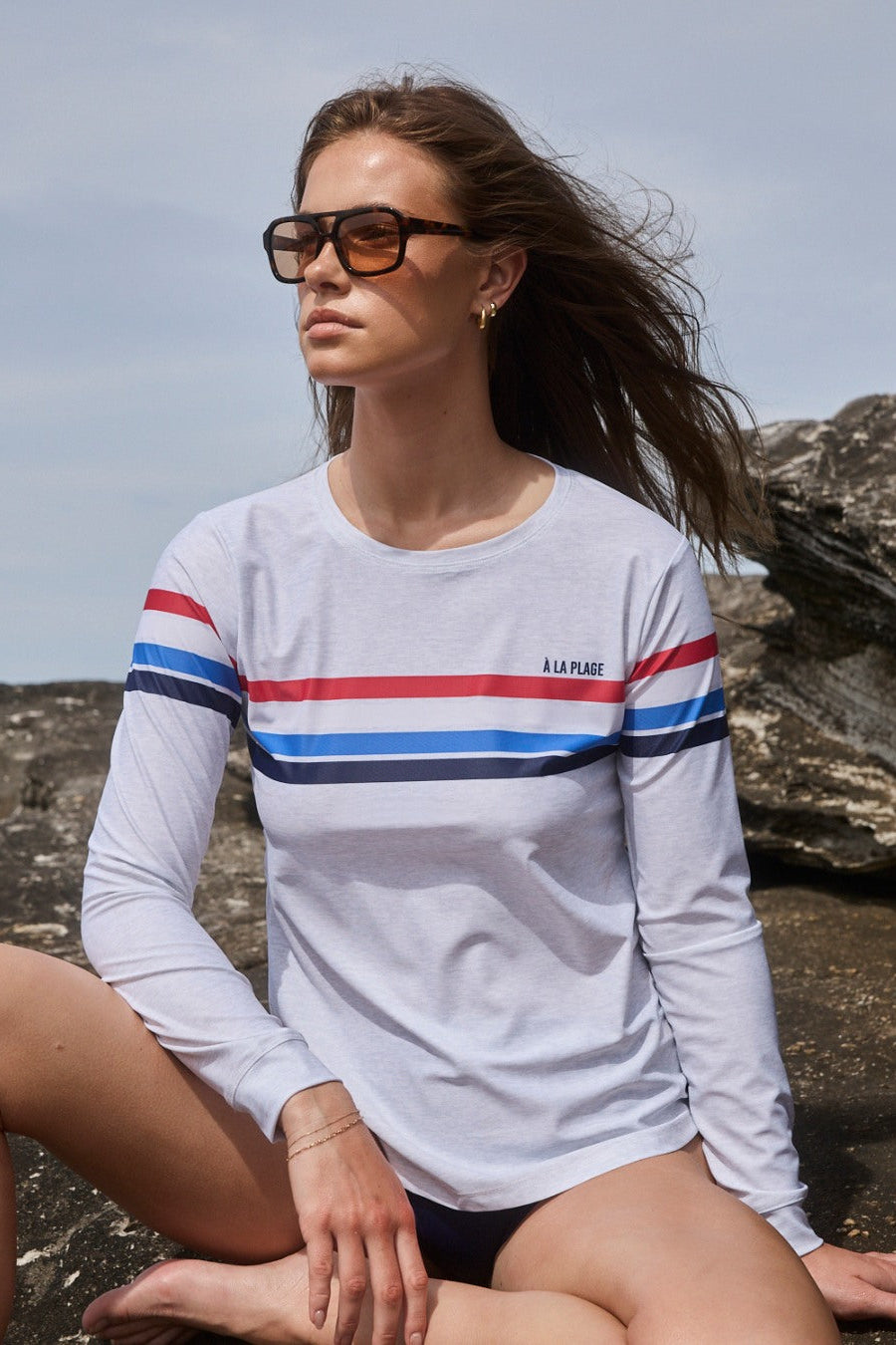 à la plage long sleeve rash guard in grey marle with retro stripe print - front view - UPF50+ women's swimwear