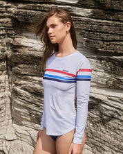 à la plage long sleeve rash guard in grey marle - side view - relaxed fit women's rashie with retro print