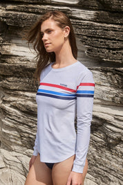 à la plage long sleeve rash guard in grey marle - side view - relaxed fit women's rashie with retro print