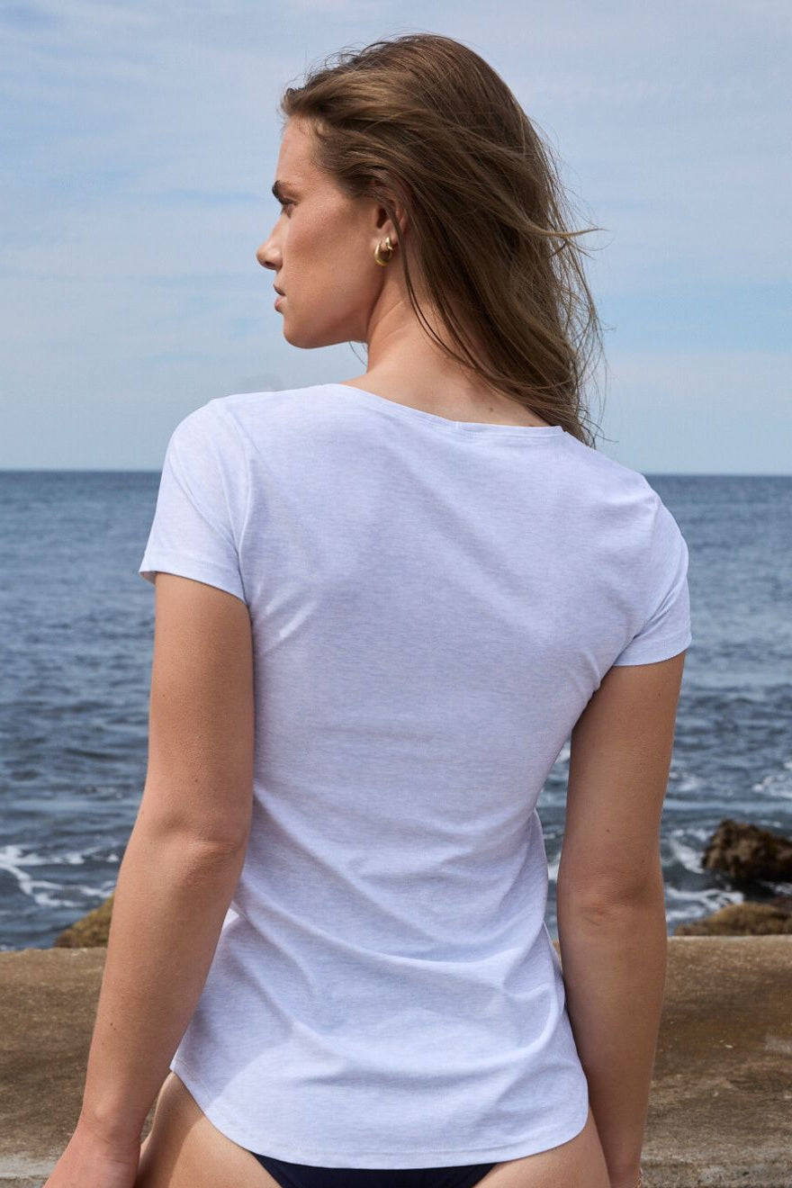 Back view of grey marle swim tee with extended body coverage