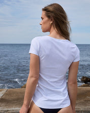 Back view of grey marle swim tee with extended body coverage