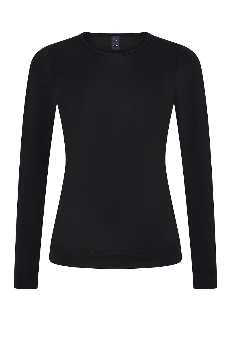 Front view of the ACQUA classic long sleeve UPF50+ rash guard in black.