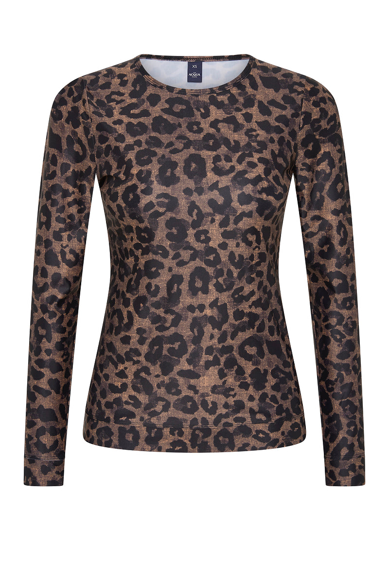 Front view of the ACQUA classic long sleeve UPF50+ rash vest in leopard print.
