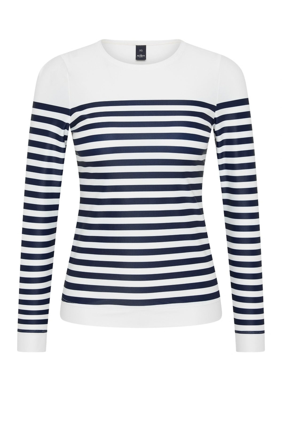 Front view of the ACQUA classic long sleeve UPF50+ rashguard in navy stripe.