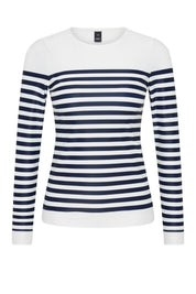 Front view of the ACQUA classic long sleeve UPF50+ rashguard in navy stripe.