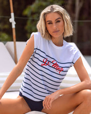 Stylish UPF50+ short sleeve rashguard with striped pattern, sustainable sun protection swimwear