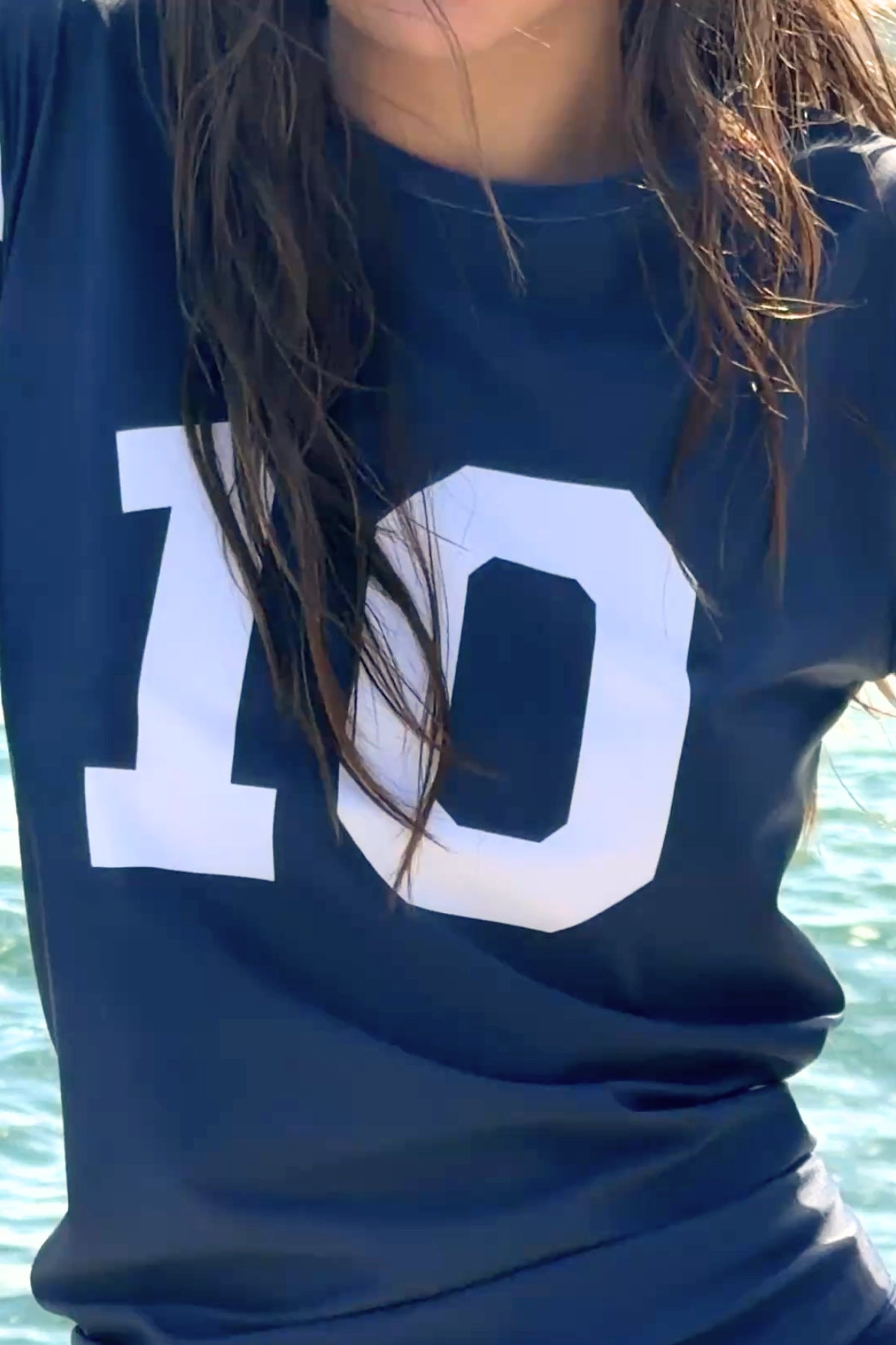 Close-up of the ACQUA Perfect 10 UPF50+ rashguard in navy and white with ‘10’ print.