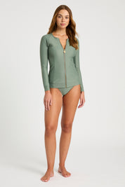 Studio portrait showcasing Khaki Zip Long Sleeve UPF50+ rashguard's flattering fi