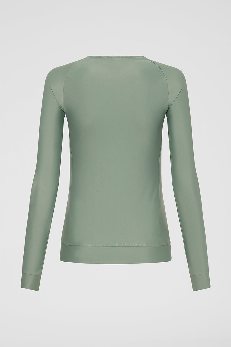 Back view of Khaki Zip Long Sleeve UPF50+ rash vest displaying full coverage design