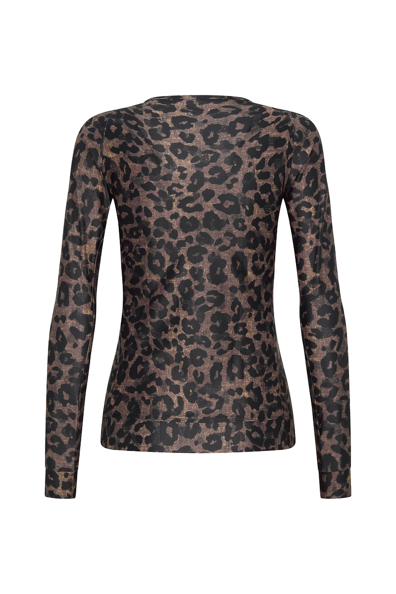 Back view of the ACQUA leopard print zip long sleeve UPF50+ rash vest.