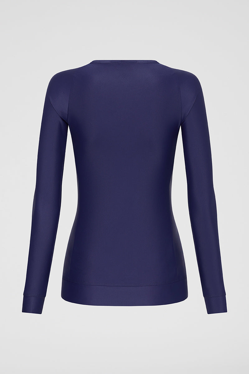 Back view of Navy Zip Long Sleeve UPF50+ rash vest displaying full coverage design