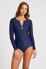 Front view of Navy Zip Long Sleeve UPF50+ rashguard showing contoured panelling 