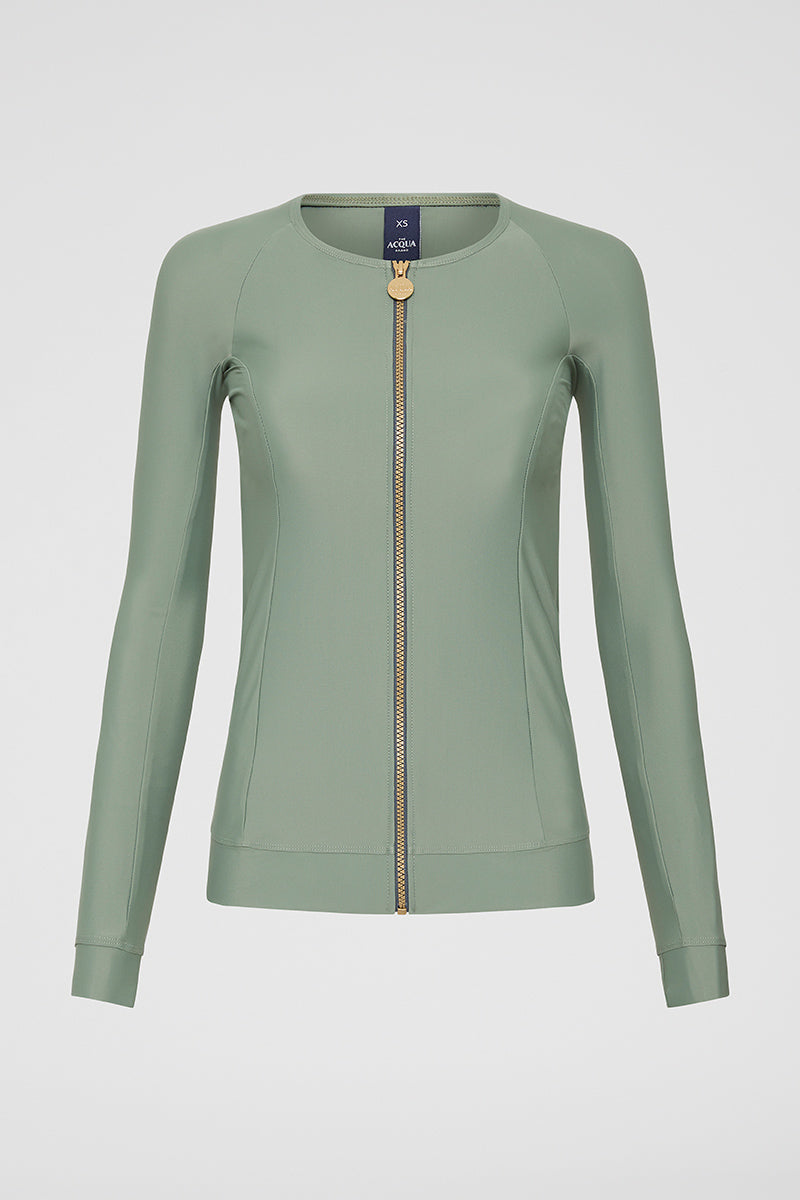 Front view of Khaki Zip Long Sleeve UPF50+ rash vest displaying signature gold zip