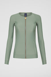 Front view of Khaki Zip Long Sleeve UPF50+ rash vest displaying signature gold zip