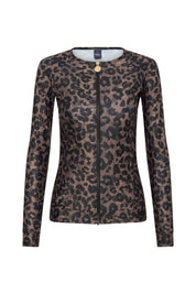 Front view of the ACQUA leopard print zip long sleeve UPF50+ rashguard with gold zipper.