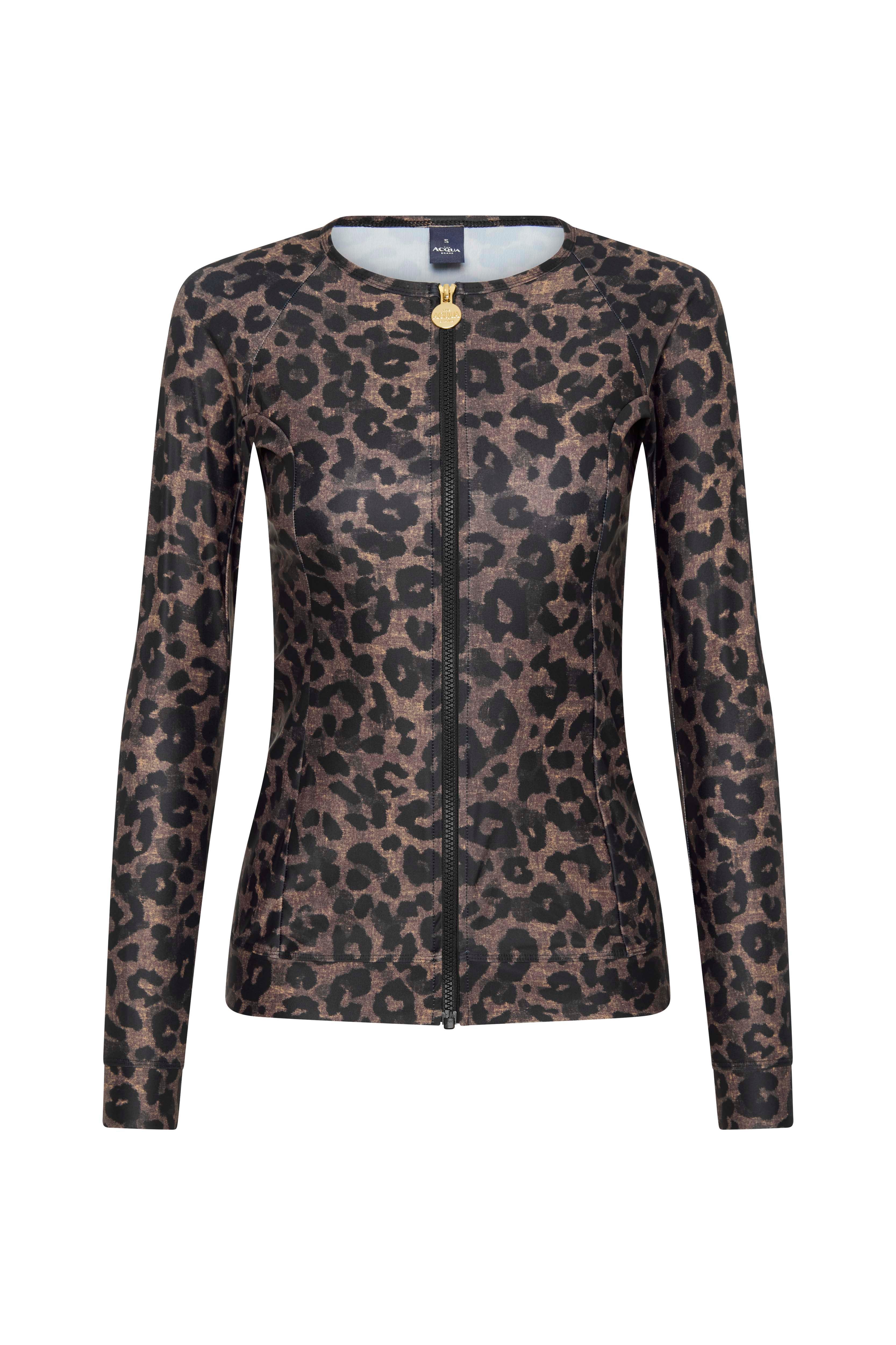 Front view of the ACQUA leopard print zip long sleeve UPF50+ rashguard with gold zipper.