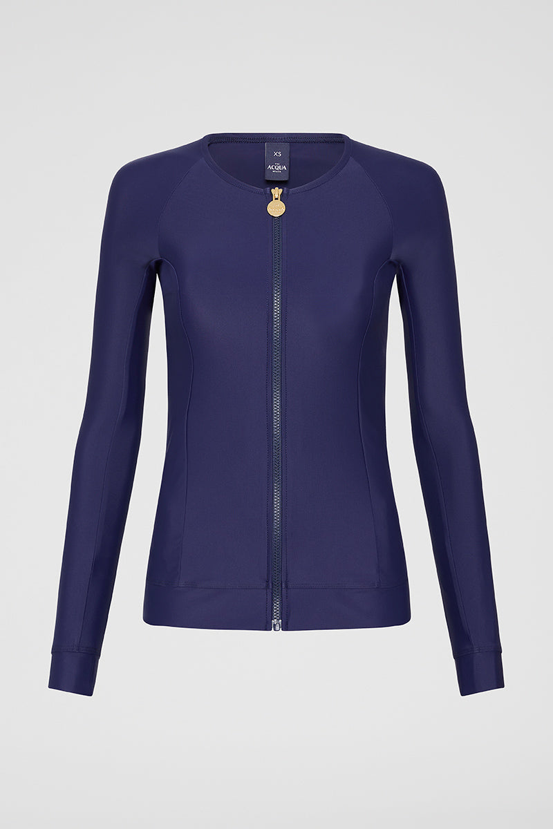 Front view of Navy Zip Long Sleeve UPF50+ rash vest displaying signature gold zip