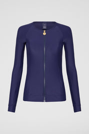 Front view of Navy Zip Long Sleeve UPF50+ rash vest displaying signature gold zip