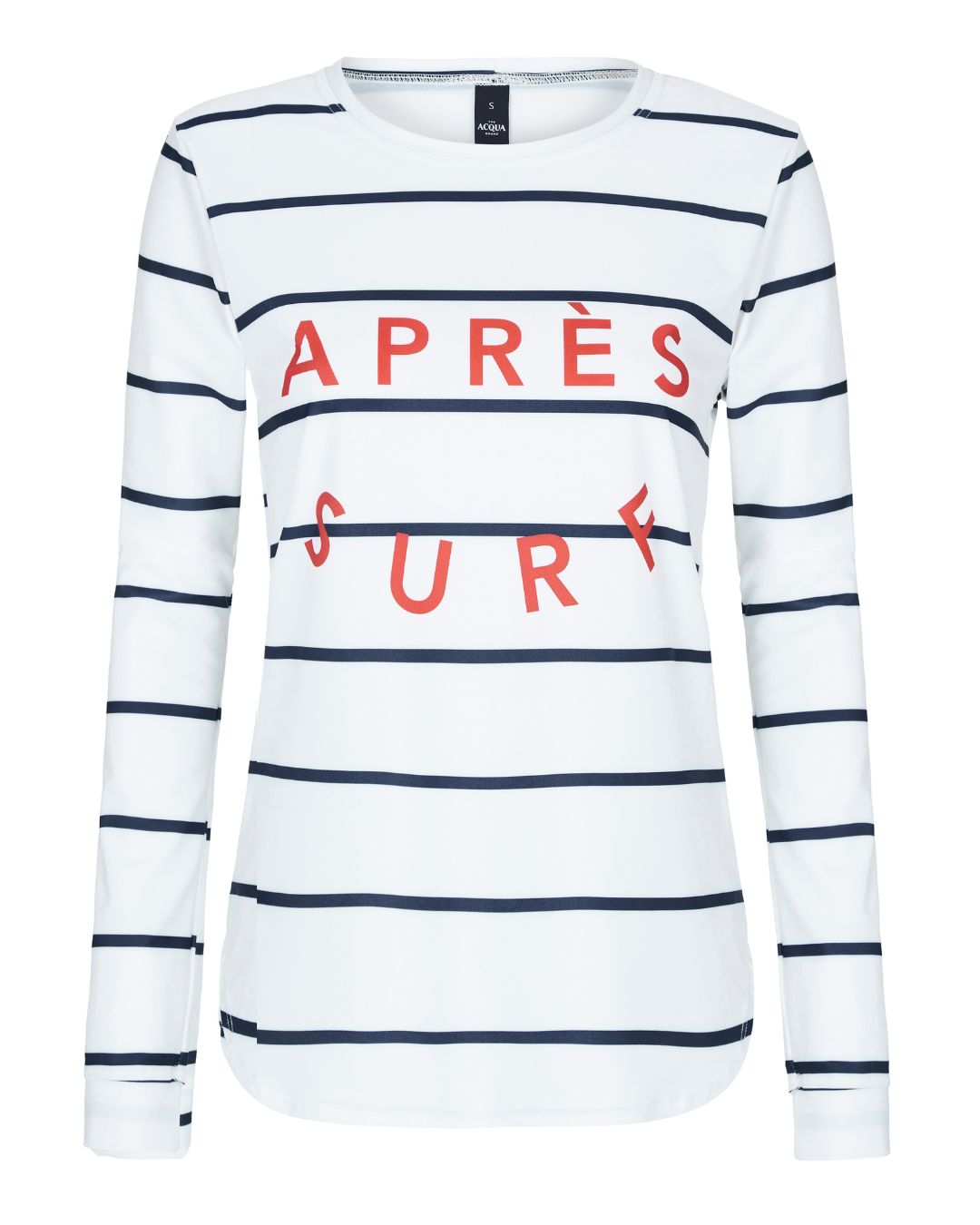 Flat lay of Après Surf UPF50+ womens rash guard showing striped print detail