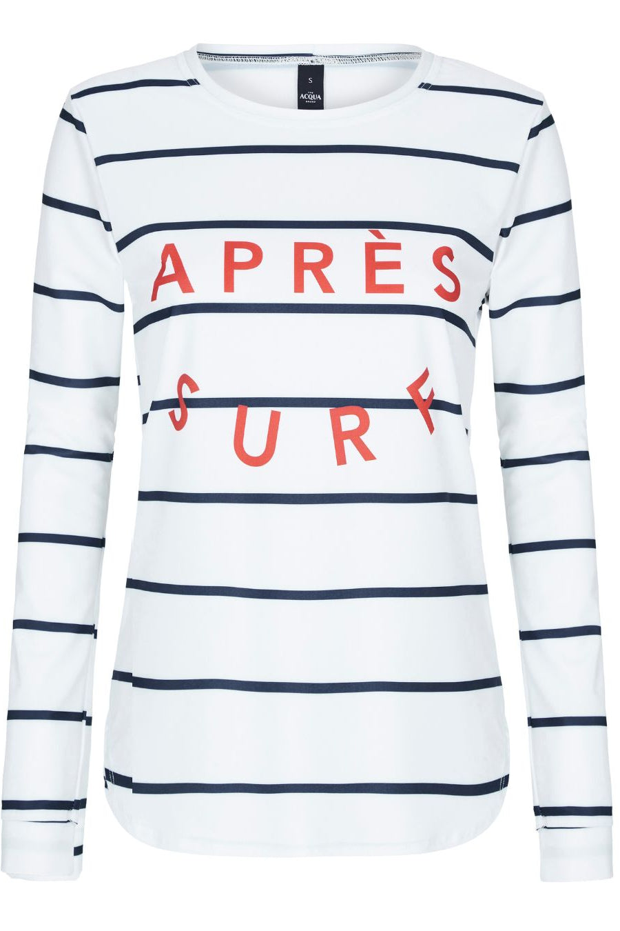 Flat lay of Après Surf UPF50+ womens rash guard showing striped print detail
