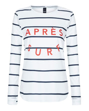 Flat lay of Après Surf UPF50+ womens rash guard showing striped print detail