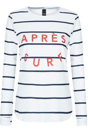 Flat lay of Après Surf UPF50+ womens rash guard showing striped print detail