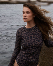 Leopard print rashguard with windblown hair, sydney