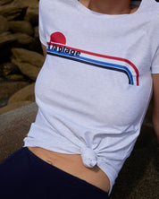 Detail shot of À La Plage print on chlorine-resistant swim tee