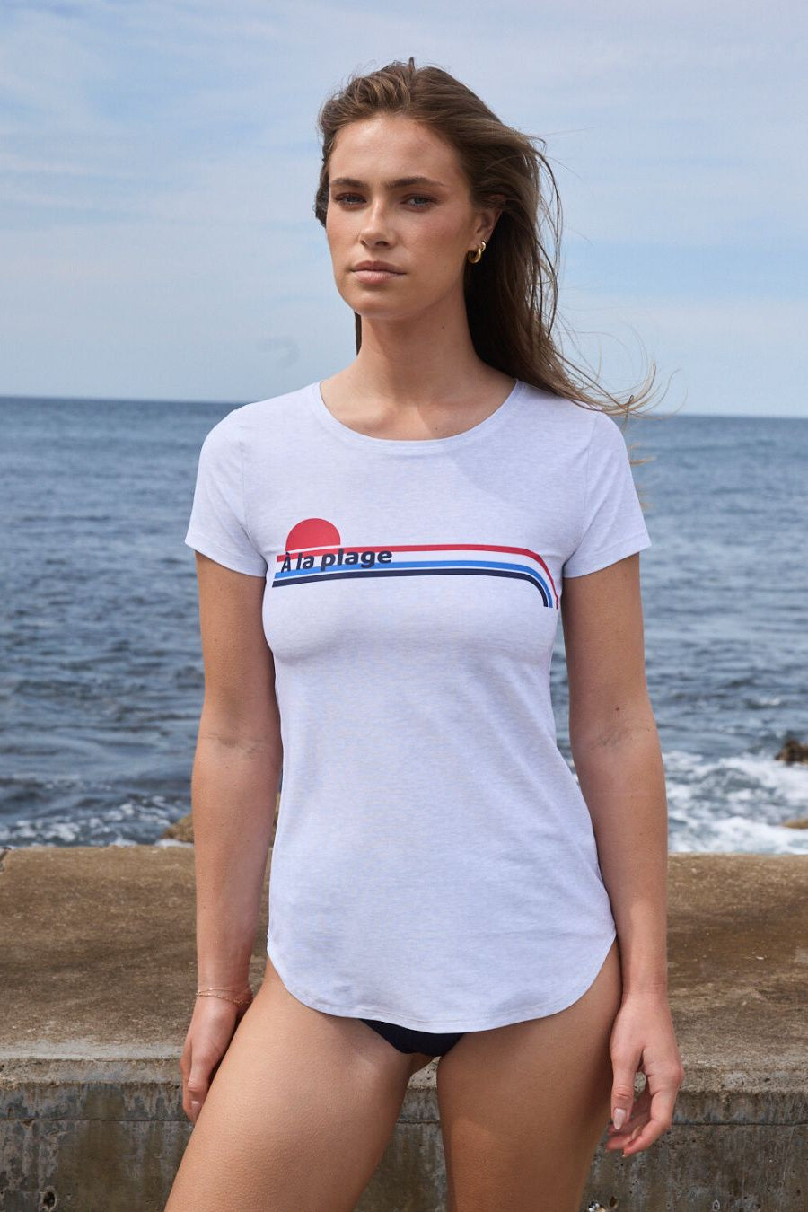Grey marle rashguard swim tee in Sydney-made Italian eco-fabric