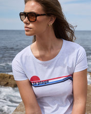 Close-up of À La Plage retro print on grey marle UPF50+ rash guard