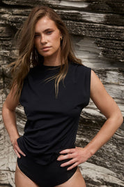 Black swim tank with comfortable design and versatile sun protection
